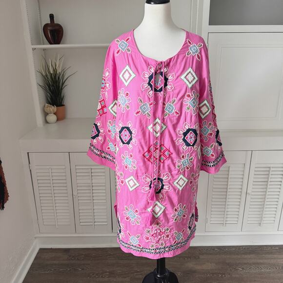 Frances Valentine Pink Embroidered Capri Tunic Dress Size M